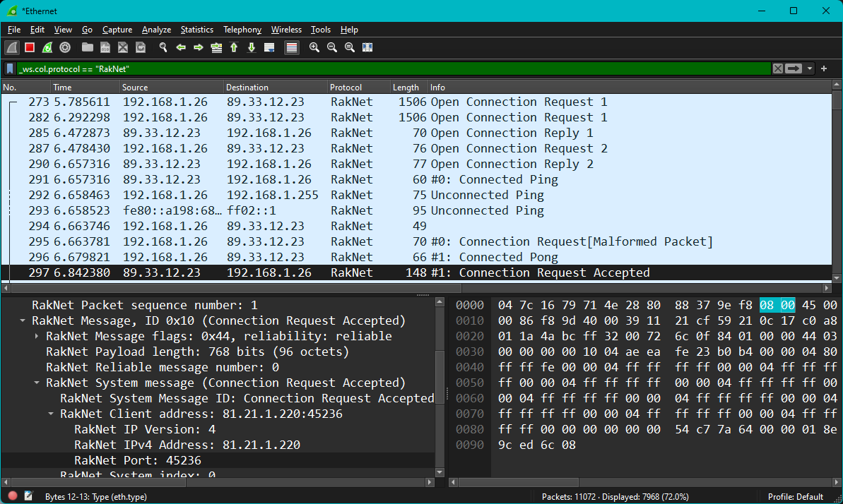 Wireshark Initial RakNet Connection